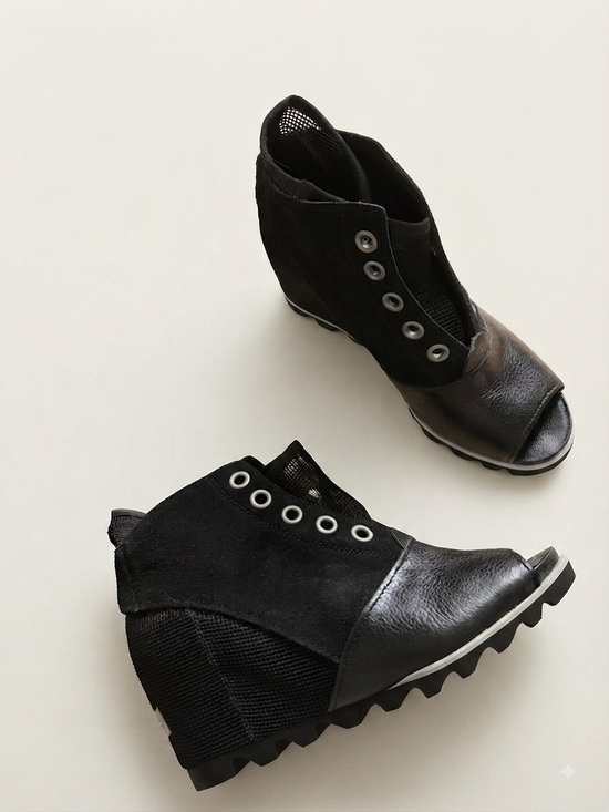 Sorel Shoes - Sorel Sz 10 Joanie Leather Mesh Peep Toe Black Wedge Shoes